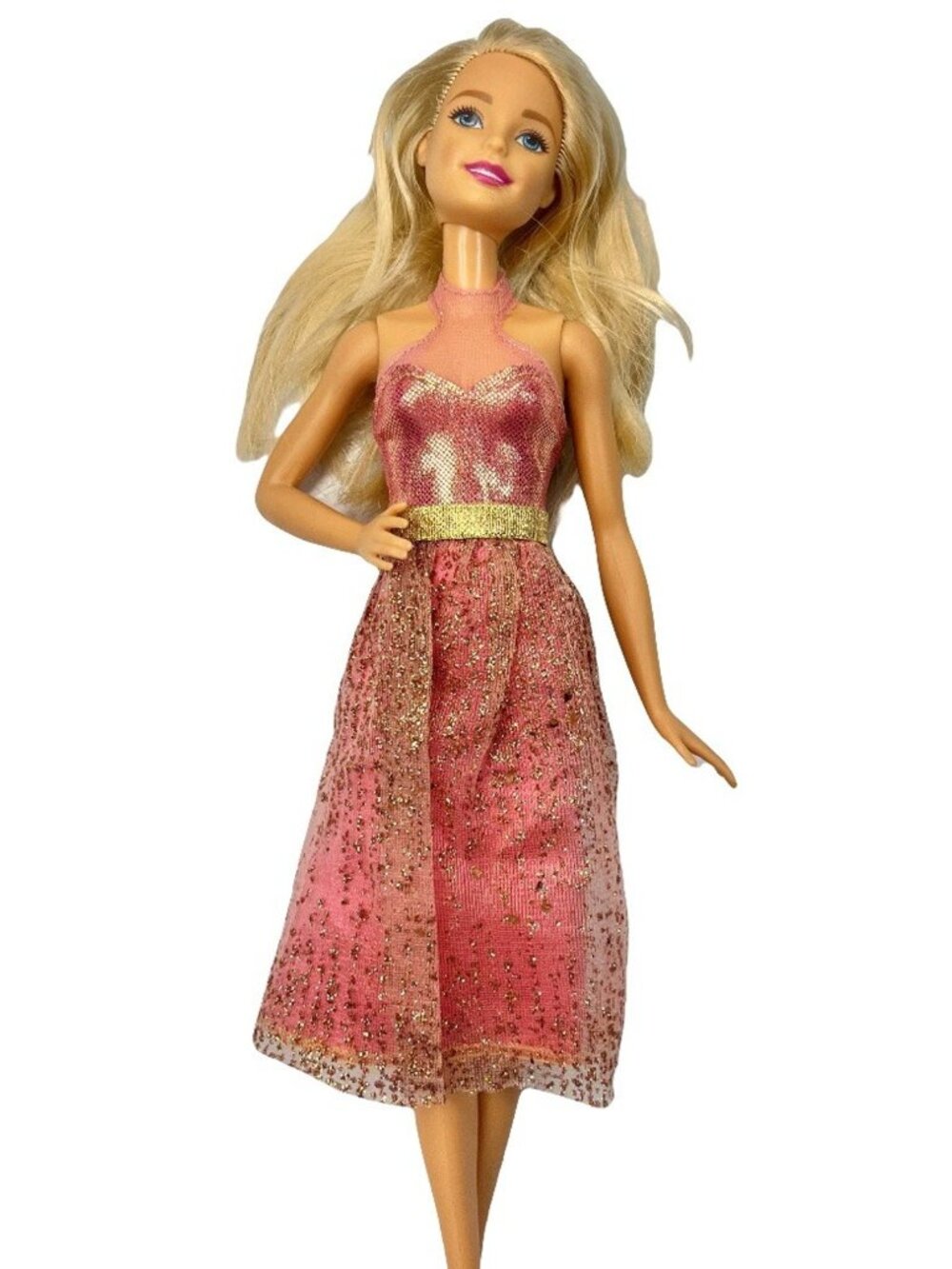 Barbie Fashion 2013 Dress Up Glittering Peach Pink Gold Dress